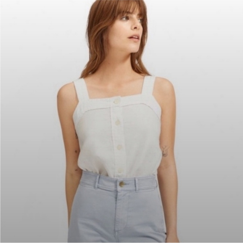 Everlane The Linen Picnic Button Front Square Neck Tank in White